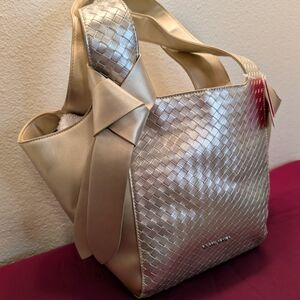 Sassy Jones CICI Woven Metallic Tote With Removable Tie Gold Brand New With Tags